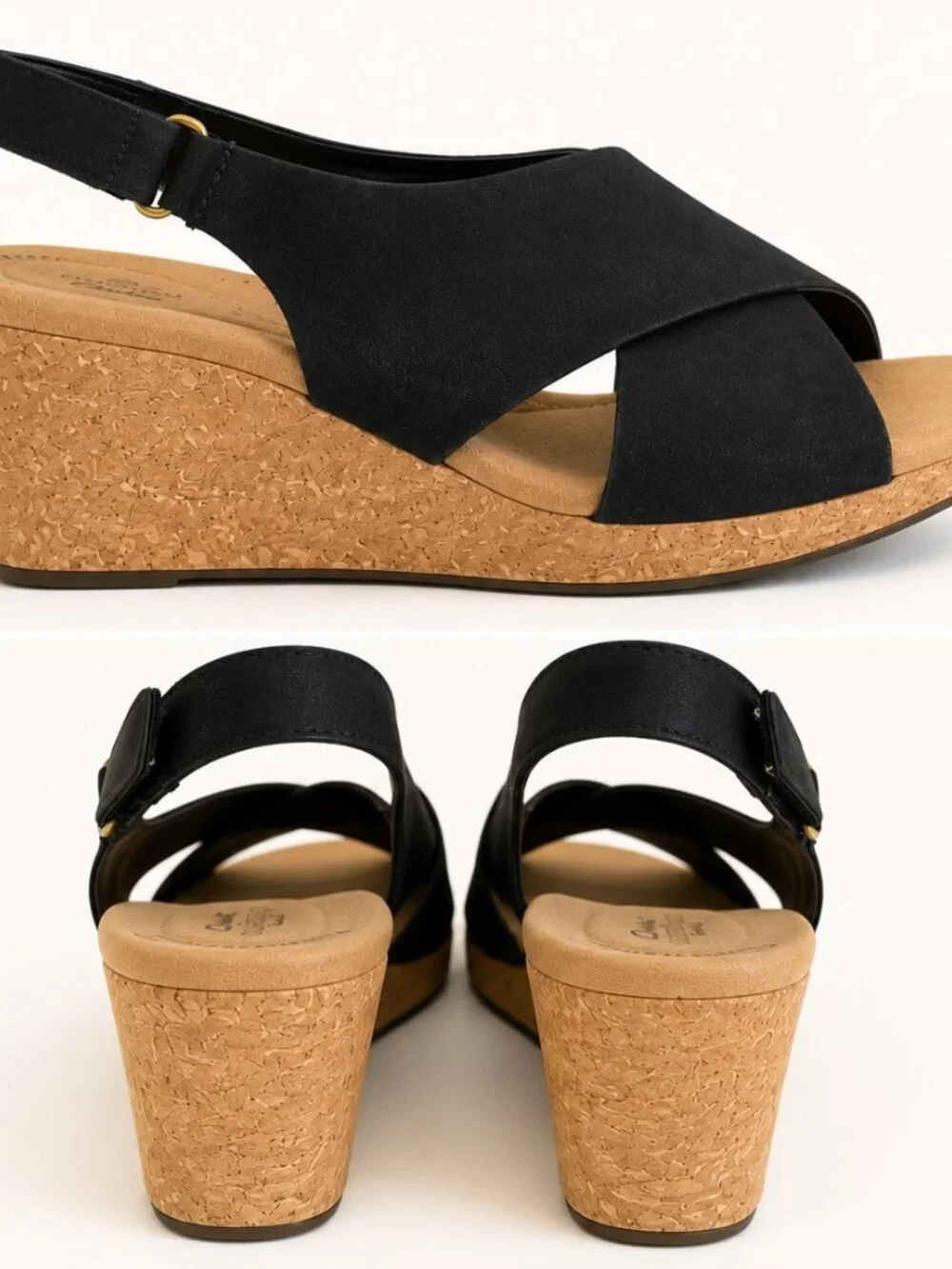 Clarks Collection Cushion Soft Black Leather Cross Strap Wedge Sandals Women's